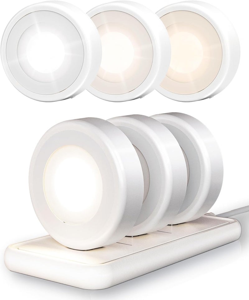 EZVALO LED Puck Lights with Charging Station, Rechargeable Sitck On Tap Lights, Wireless Closet Light, 3 Color Temps, Under Cabinet Lights, 2.5'' Mini Touch Light for Kitchen,Pantry,Shelves(6 Pack) - Image 1